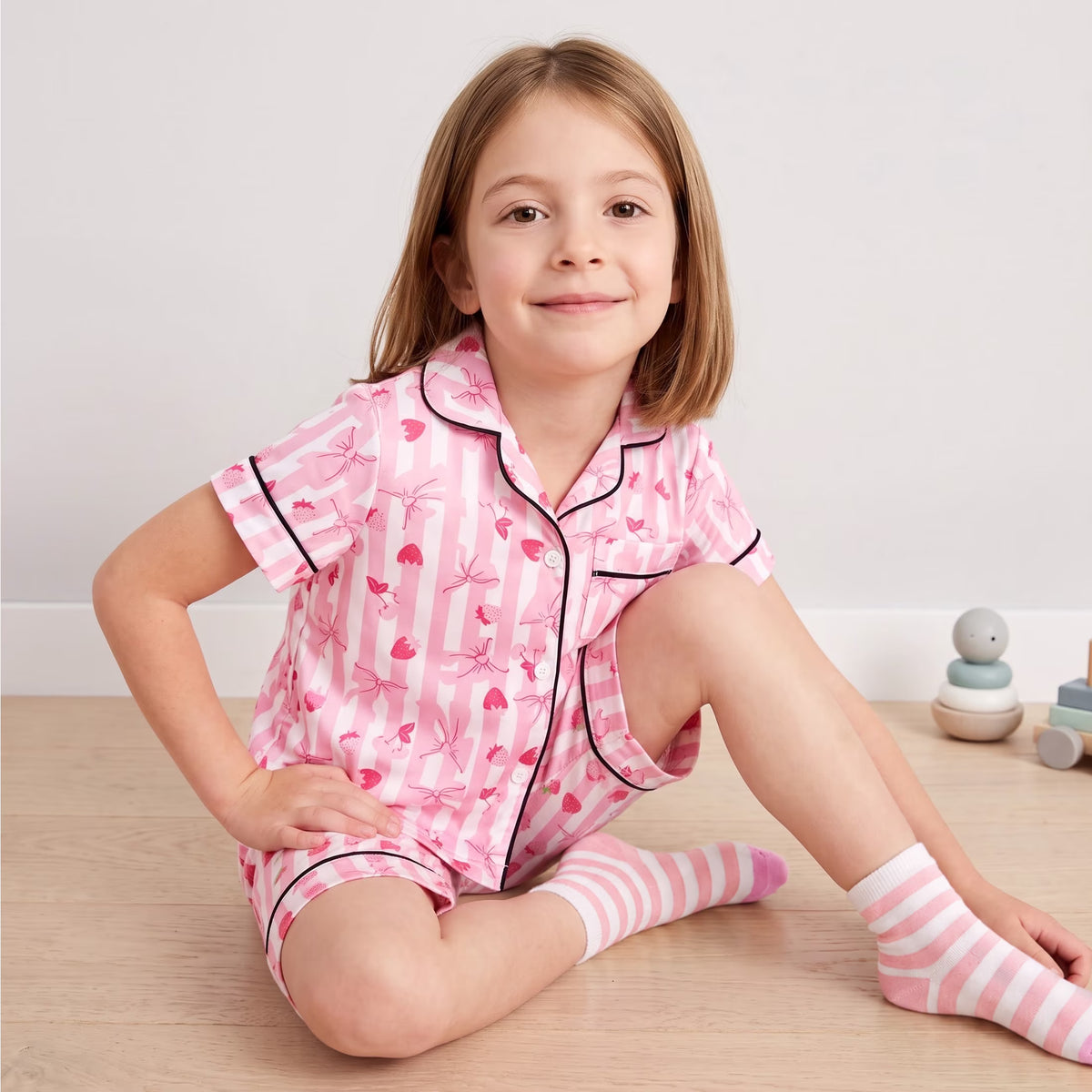 NIPAXO Girls Satin Pajamas Set Short Sleeve Button-Down Pink Stripe Strawberry Bow Print Sleepwear for Kids