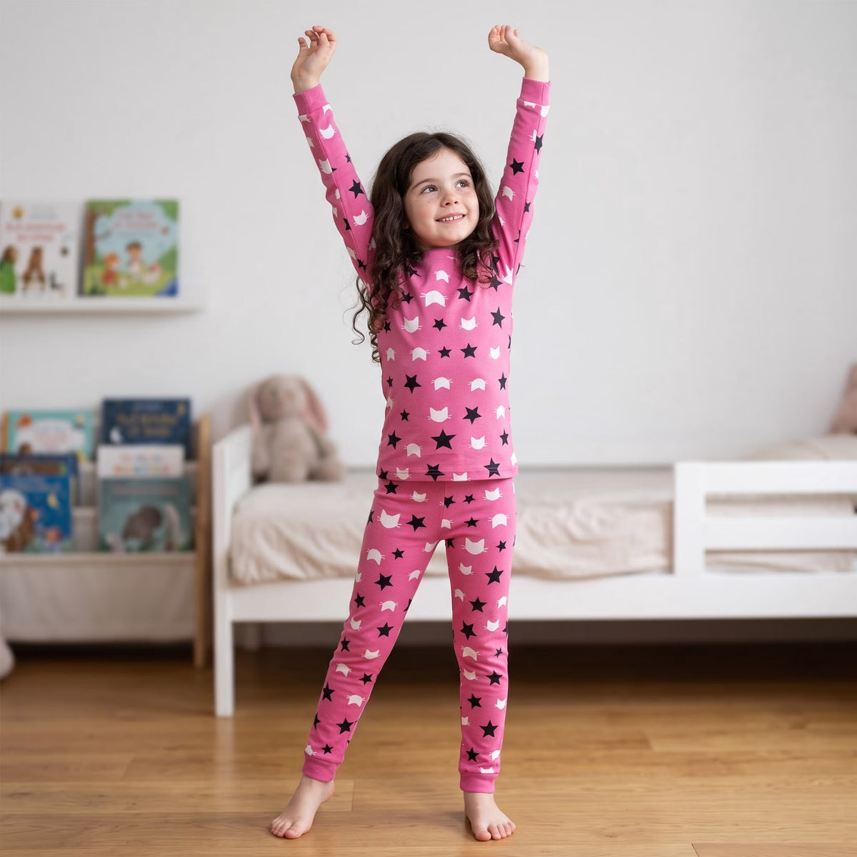 NIPAXO Girls Pajamas Set Long Sleeve Cat Face and Star Print Thermal Top and Matching Pants Sleepwear for Kids
