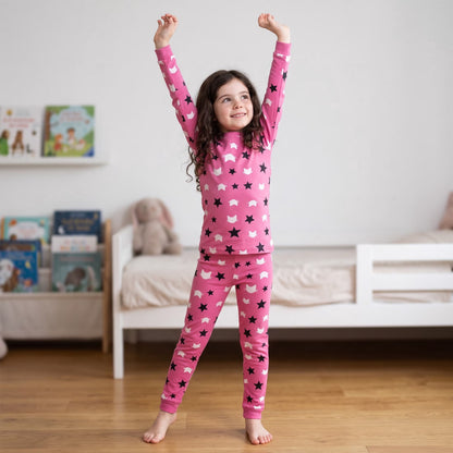 NIPAXO Girls Pajamas Set Long Sleeve Cat Face and Star Print Thermal Top and Matching Pants Sleepwear for Kids
