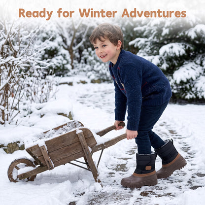 NIPAXO Kids Snow Boots Waterproof Winter Boots Brown and Black Faux Fur Lined Hook and Loop Cold Weather Outdoor Shoes for Boys Girls