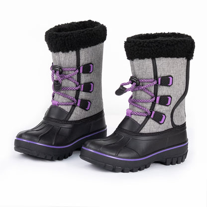 NIPAXO Kids Snow Boots Waterproof Winter Boots Grey and Black Purple Accents Sherpa Collar Bungee Lacing Outdoor Cold Weather Winter Boots for Boys Girls