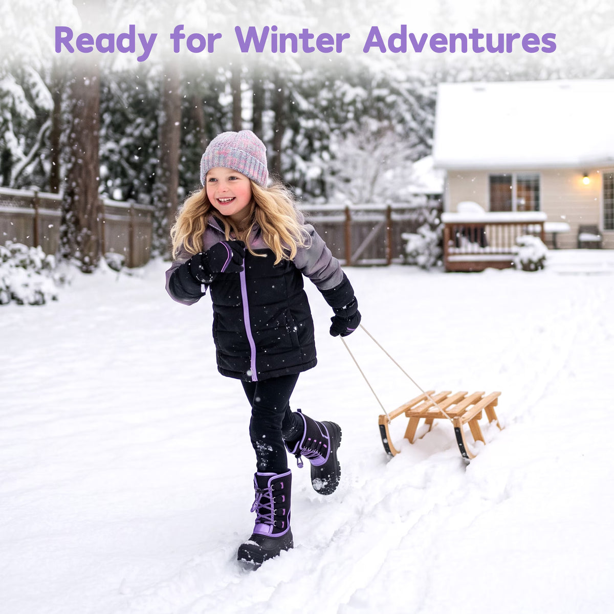NIPAXO Girls Snow Boots Waterproof Winter Boots Black and Purple Quilted Fabric Upper Bungee Lacing Outdoor Winter Boots for Kids
