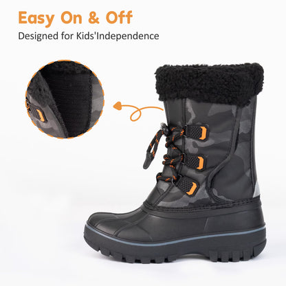 NIPAXO Kids Snow Boots Waterproof Winter Boots Black Camo Orange Accents Sherpa Collar Bungee Lacing Outdoor Cold Weather Winter Boots for Boys Girls