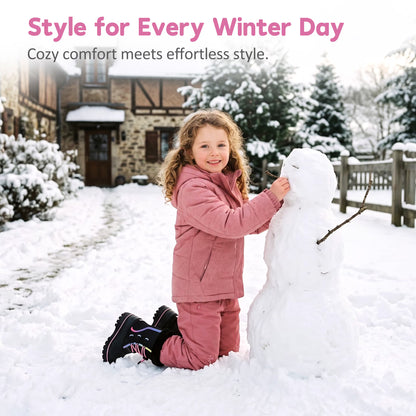 NIPAXO Girls Snow Boots Waterproof Winter Boots Black Rainbow Trim Faux Fur Cuff Slip Resistant Outdoor Winter Boots for Kids