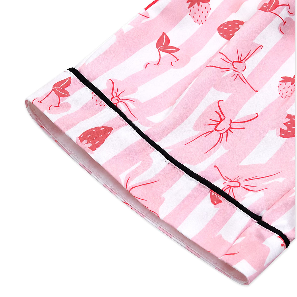 NIPAXO Girls Pajamas Set Long Sleeve Button-Down Pink Stripe Strawberry Bow Print Long Pants Satin Sleepwear for Kids