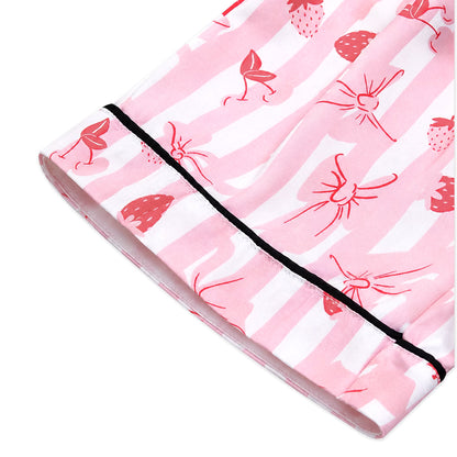 NIPAXO Girls Pajamas Set Long Sleeve Button-Down Pink Stripe Strawberry Bow Print Long Pants Satin Sleepwear for Kids