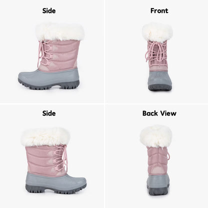 NIPAXO Girls Snow Boots Waterproof Dusty Pink and Grey White Faux Fur Collar Classic Lace-Up Winter Boots for Girls