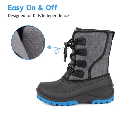 NIPAXO Kids Snow Boots Waterproof Winter Boots Grey and Black Blue Outsole Bungee Lacing Outdoor Cold Weather Shoes for Boys Girls