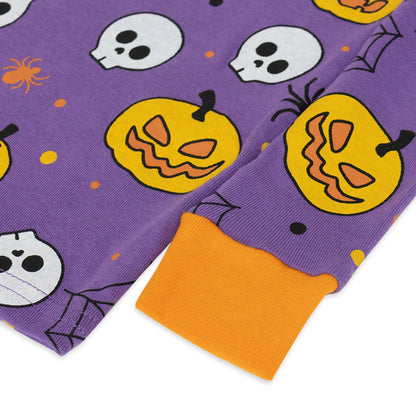 NIPAXO Halloween Girls Pajamas Set Pumpkin & Skull Graphic Long Sleeve Cotton Sleepwear for Kids