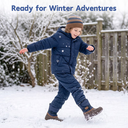 NIPAXO Kids Snow Boots Waterproof Winter Boots Blue and Brown Faux Fur Lined Hook and Loop Cold Weather Outdoor Shoes for Boys Girls