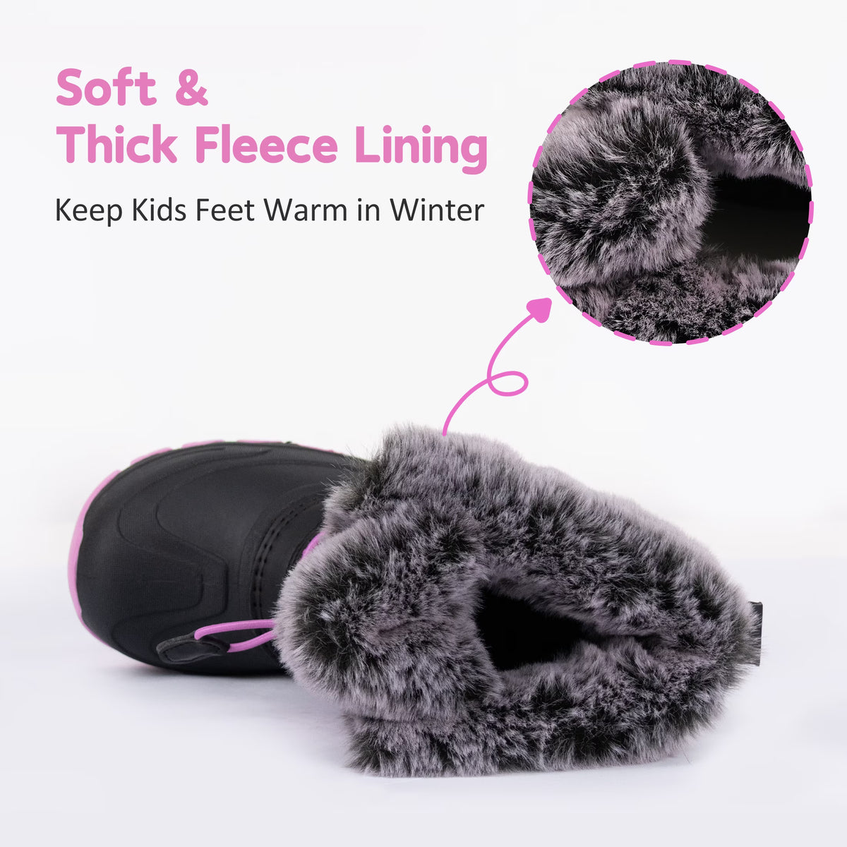 NIPAXO Girls Snow Boots Waterproof Winter Boots Hot Pink and Black Faux Fur Pom-Pom Collar Bungee Lacing Outdoor Winter Boots for Kids