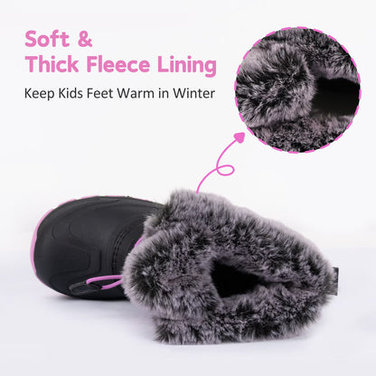 NIPAXO Girls Snow Boots Waterproof Winter Boots Hot Pink and Black Faux Fur Pom-Pom Collar Bungee Lacing Outdoor Winter Boots for Kids