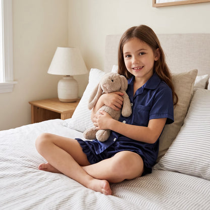 NIPAXO Girls Pajamas Set Short Sleeve Button-Down Solid Navy Blue Ruffle Shorts Satin Sleepwear for Kids