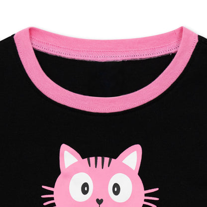 NIPAXO Girls Pajamas Set Long Sleeve Pink Cat Graphic & Paw Print Sleepwear with Pink Trim for Toddler Little Girls