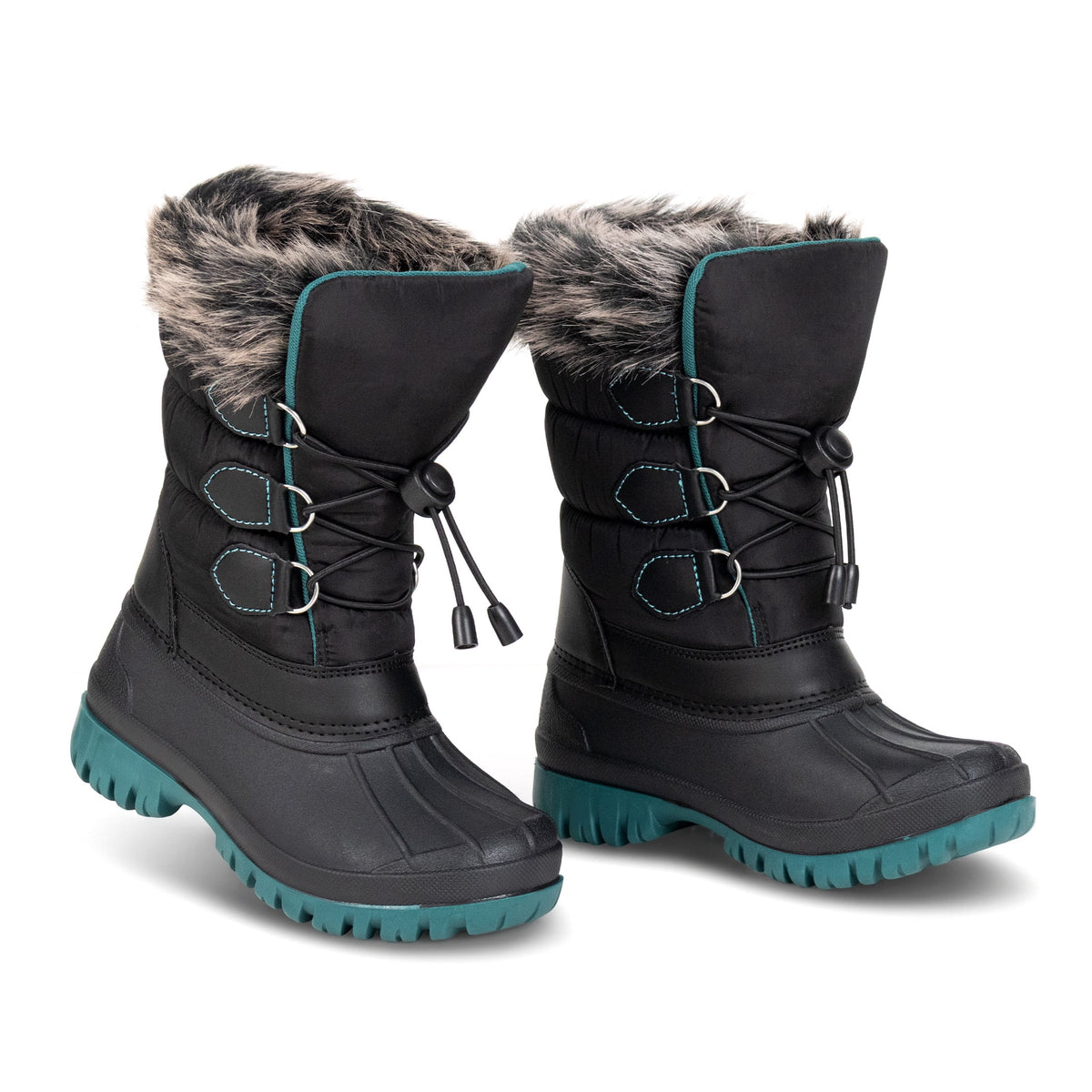 NIPAXO Kids Winter Snow Boots Black and Teal Colorblock Bungee Lacing Waterproof Outdoor Shoes for Boys Girls