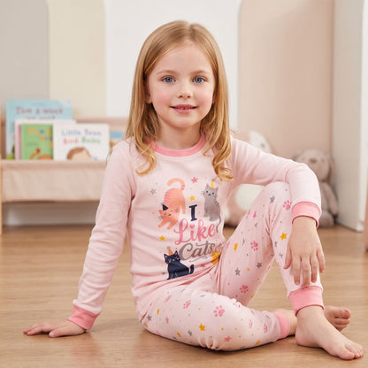 NIPAXO Girls Pajamas Set Long Sleeve "I Like Cats" Graphic Top and Paw Print Pants Sleepwear for Kids