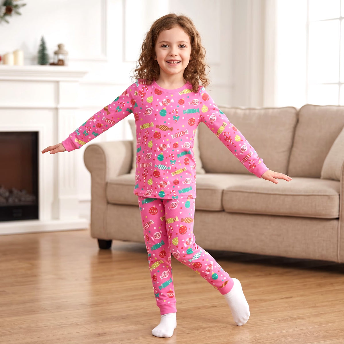 NIPAXO Girls Pajamas Set Soft Cotton Sweet Candy Cane Print Long Sleeve Top with Matching Pants for Kids