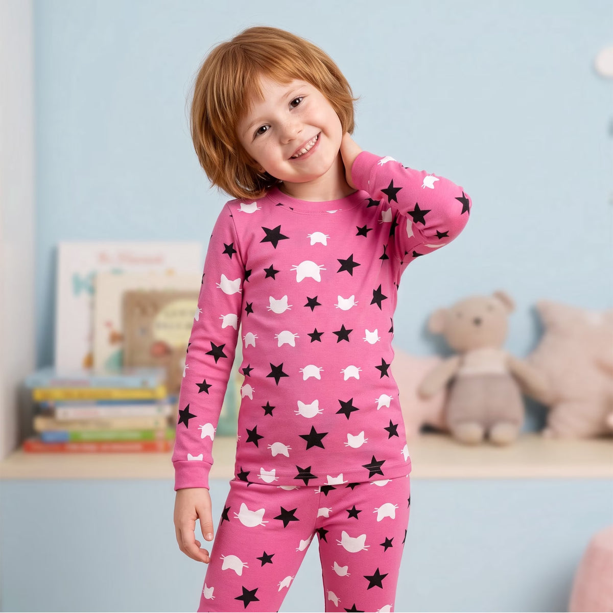 NIPAXO Girls Pajamas Set Long Sleeve Cat Face and Star Print Thermal Top and Matching Pants Sleepwear for Kids