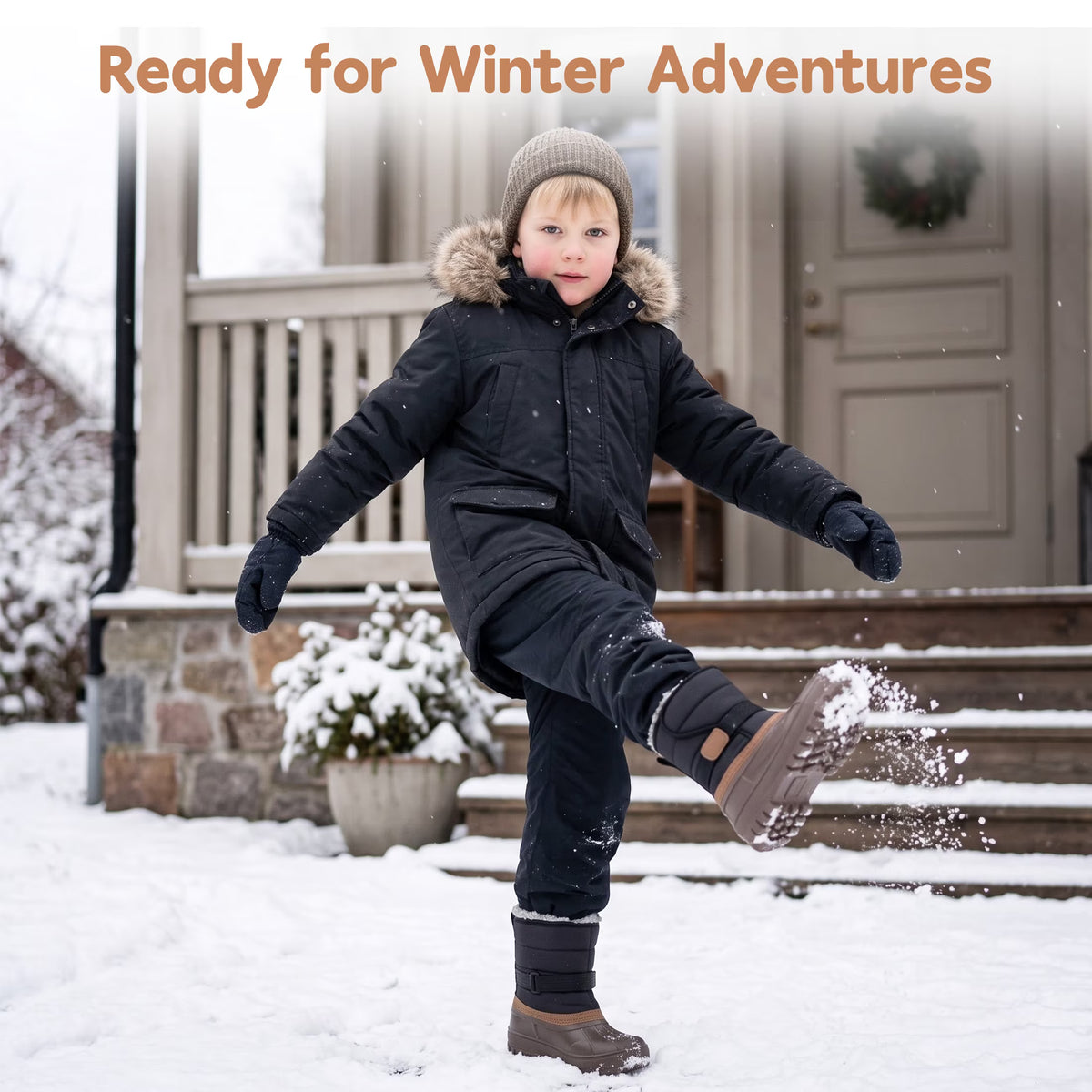 NIPAXO Kids Snow Boots Waterproof Winter Boots Brown and Black Faux Fur Lined Hook and Loop Cold Weather Outdoor Shoes for Boys Girls