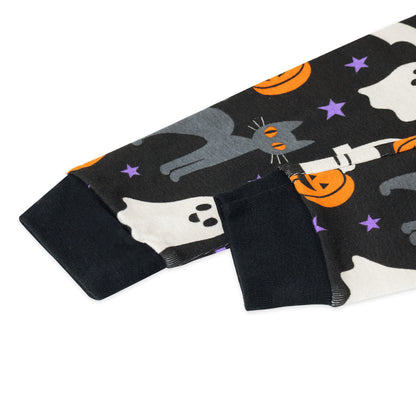 NIPAXO Toddler Boys Halloween Pajamas Black Cotton Spooky Ghost Cat Sleepwear Set Long Sleeve Ribbed Outfits for Kids