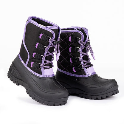 NIPAXO Girls Snow Boots Waterproof Winter Boots Black and Purple Quilted Fabric Upper Bungee Lacing Outdoor Winter Boots for Kids