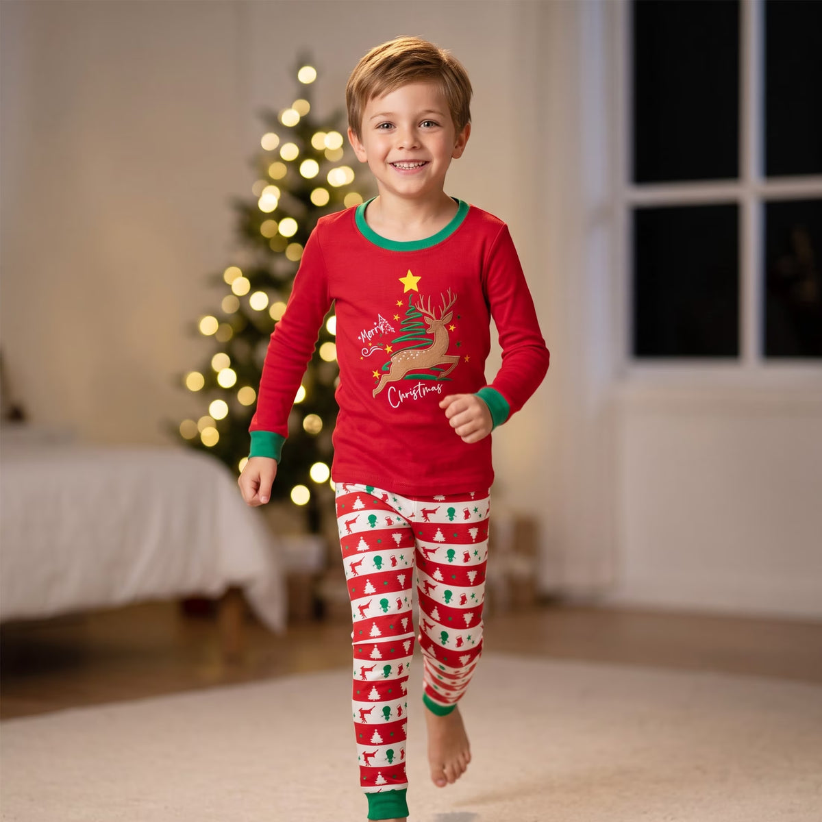 NIPAXO Kids Christmas Pajamas Set Long Sleeve Embroidered Reindeer & "Merry Christmas" Graphic Holiday Sleepwear with Fair Isle Stripe Pants