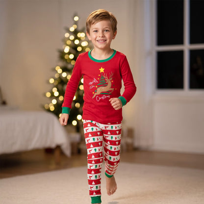 NIPAXO Kids Christmas Pajamas Set Long Sleeve Embroidered Reindeer & "Merry Christmas" Graphic Holiday Sleepwear with Fair Isle Stripe Pants