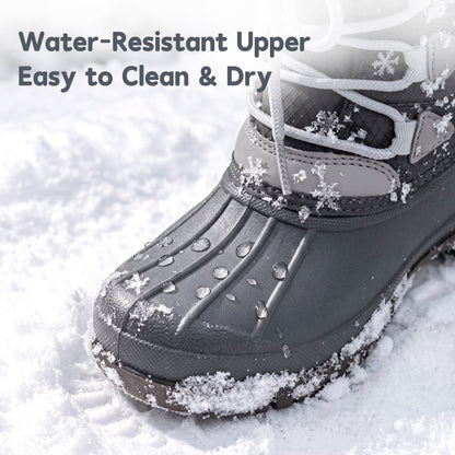 NIPAXO Kids Snow Boots Waterproof Winter Boots Grey Rubber Shell White Faux Fur Collar Classic Lace-Up Winter Boots for Boys Girls