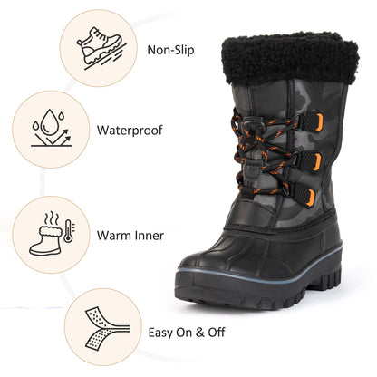 NIPAXO Kids Snow Boots Waterproof Winter Boots Black Camo Orange Accents Sherpa Collar Bungee Lacing Outdoor Cold Weather Winter Boots for Boys Girls