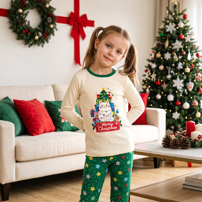 NIPAXO Kids Christmas Pajamas Set Long Sleeve Cute Cat & "Merry Christmas" Graphic Holiday Sleepwear with Star Print Pants for Boys and Girls