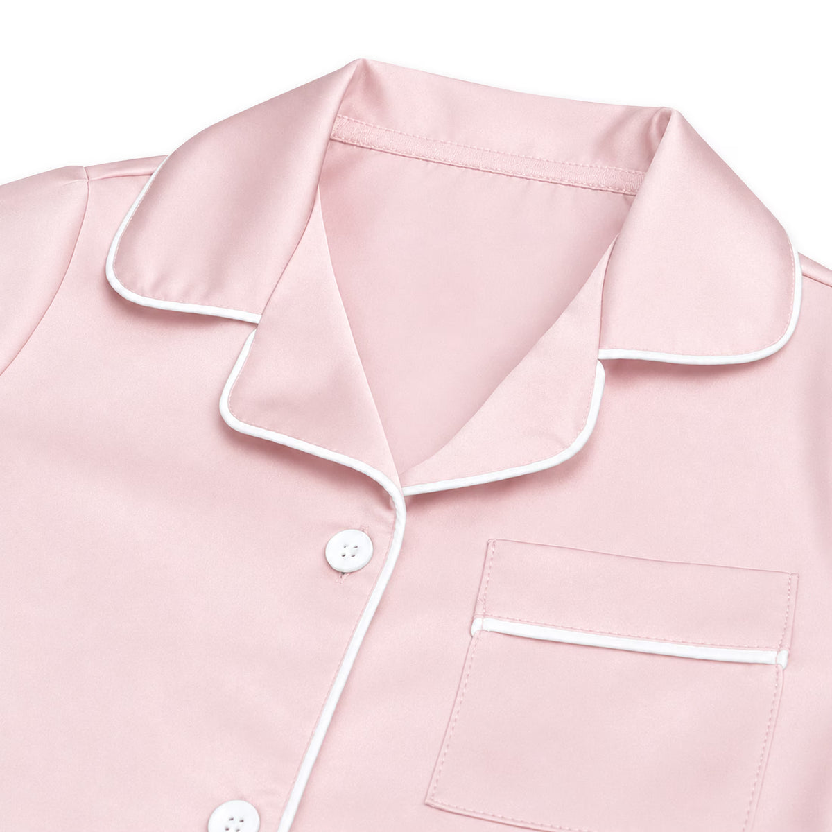 NIPAXO Girls Pajamas Set Short Sleeve Button-Down Silk Satin Sleepwear with White Piping for Toddler and Kids