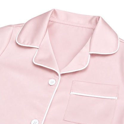 NIPAXO Girls Pajamas Set Short Sleeve Button-Down Silk Satin Sleepwear with White Piping for Toddler and Kids