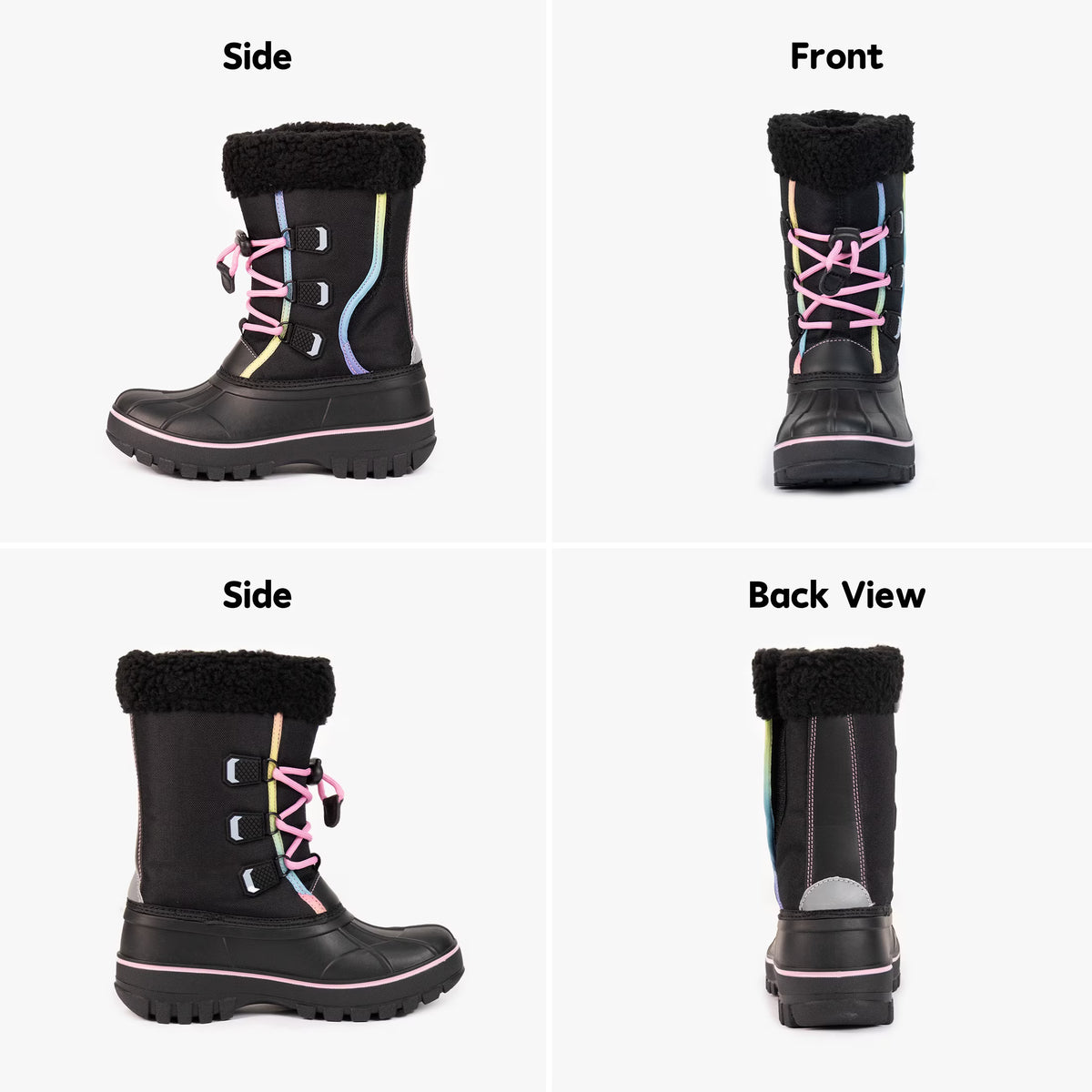 NIPAXO Girls Snow Boots Waterproof Winter Boots Black Rainbow Trim Faux Fur Cuff Slip Resistant Outdoor Winter Boots for Kids