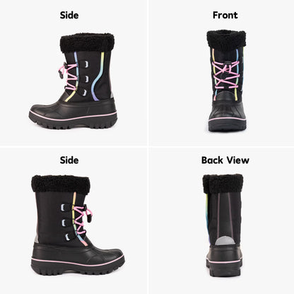 NIPAXO Girls Snow Boots Waterproof Winter Boots Black Rainbow Trim Faux Fur Cuff Slip Resistant Outdoor Winter Boots for Kids