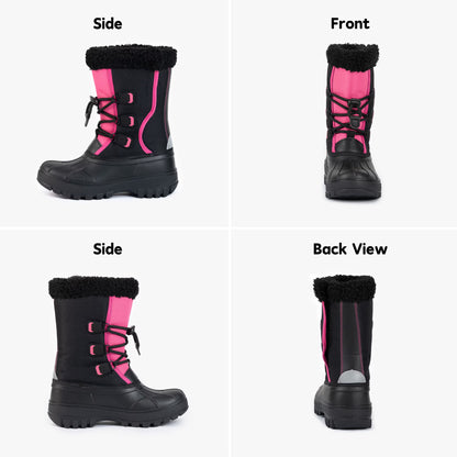 NIPAXO Girls Snow Boots Waterproof Winter Boots Black and Hot Pink Colorblock Faux Fur Trim Outdoor Winter Boots for Kids