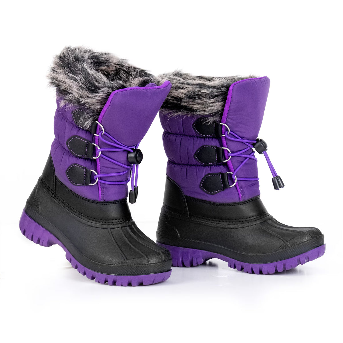 NIPAXO Kids Snow Boots Waterproof Winter Boots Purple and Black Faux Fur Cuff Bungee Lacing Cold Weather Outdoor Shoes for Boys Girls