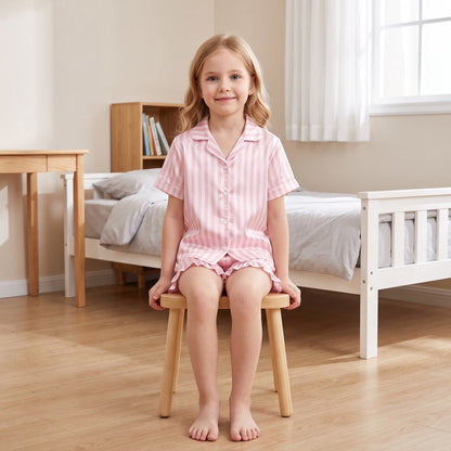 NIPAXO Girls Pajamas Set Short Sleeve Button-Down Pink White Striped Ruffle Shorts Sleepwear Satin for Kids