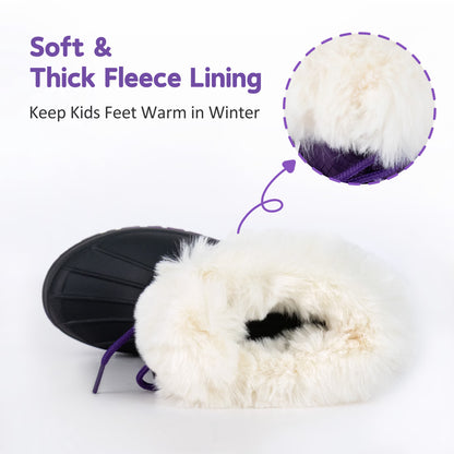 NIPAXO Kids Snow Boots Waterproof Purple and Black White Faux Fur Collar Classic Lace-Up Winter Boots for Boys Girls