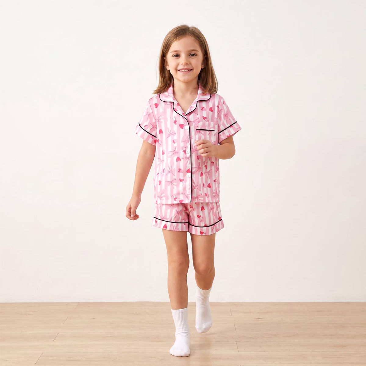 NIPAXO Girls Satin Pajamas Set Short Sleeve Button-Down Pink Stripe Strawberry Bow Print Sleepwear for Kids
