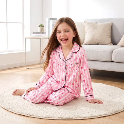 NIPAXO Girls Pajamas Set Long Sleeve Button-Down Pink Stripe Strawberry Bow Print Long Pants Satin Sleepwear for Kids