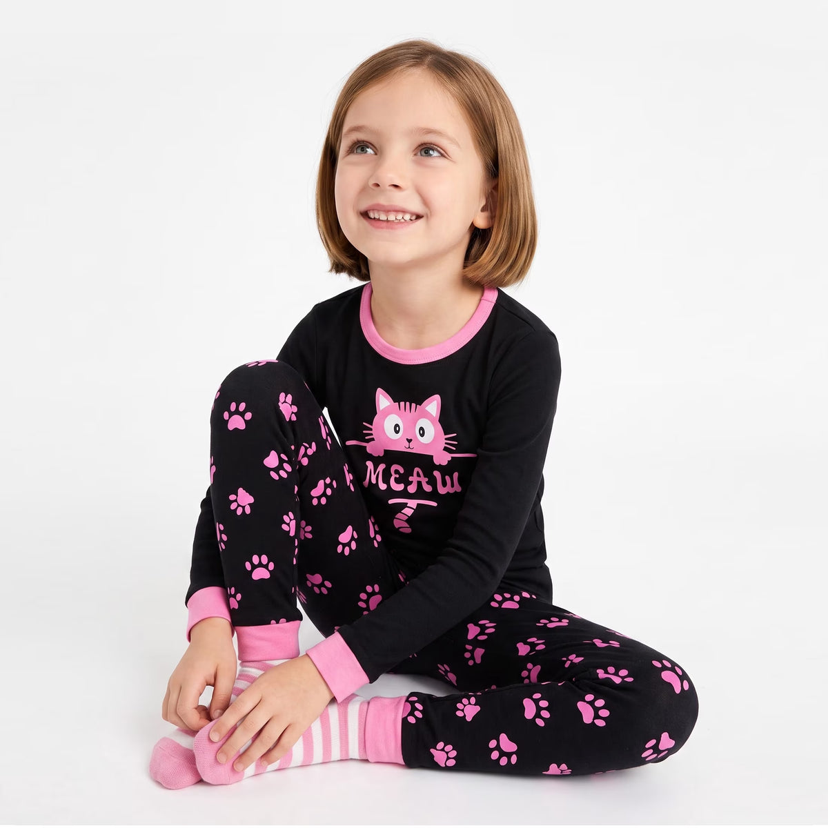 NIPAXO Girls Pajamas Set Long Sleeve Pink Cat Graphic & Paw Print Sleepwear with Pink Trim for Toddler Little Girls
