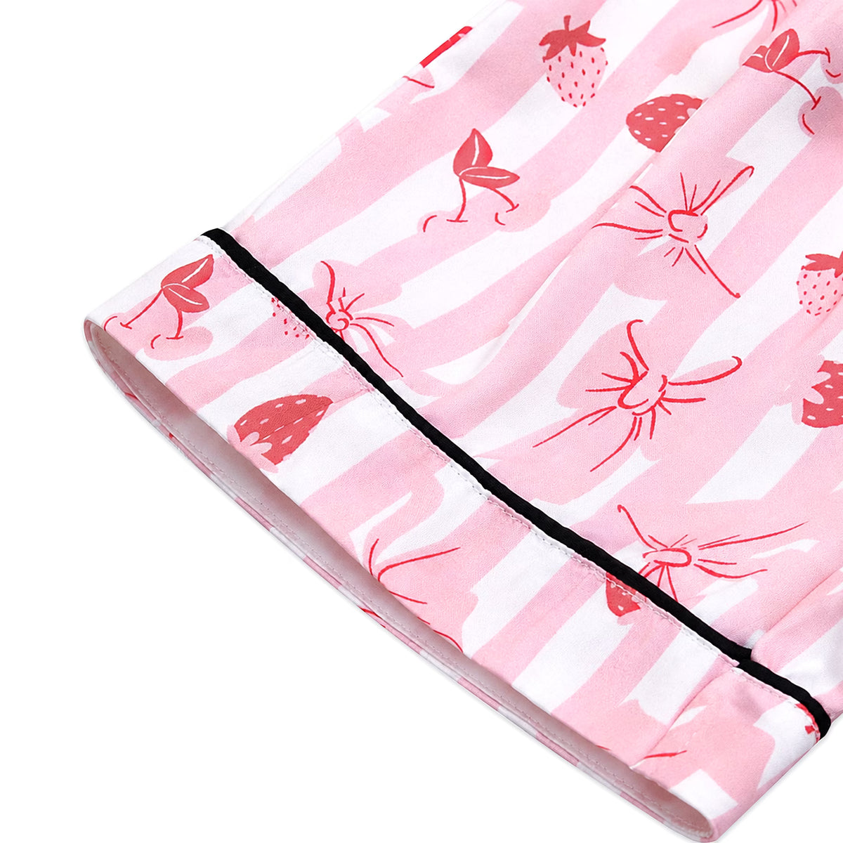 NIPAXO Girls Satin Pajamas Set Short Sleeve Button-Down Pink Stripe Strawberry Bow Print Sleepwear for Kids