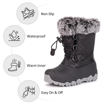 NIPAXO Kids Snow Boots Waterproof Winter Boots All Black Faux Fur Collar Bungee Lacing Outdoor Cold Weather Winter Boots for Boys Girls