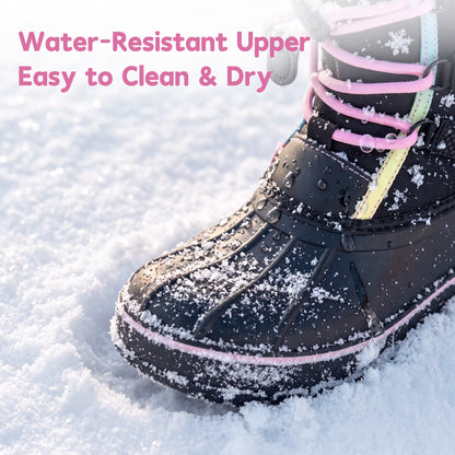 NIPAXO Girls Snow Boots Waterproof Winter Boots Black Rainbow Trim Faux Fur Cuff Slip Resistant Outdoor Winter Boots for Kids