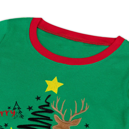 NIPAXO Kids Christmas Pajamas Set Long Sleeve Embroidered Reindeer & "Merry Christmas" Graphic Holiday Sleepwear with Fair Isle Stripe Pants for Boys and Girls