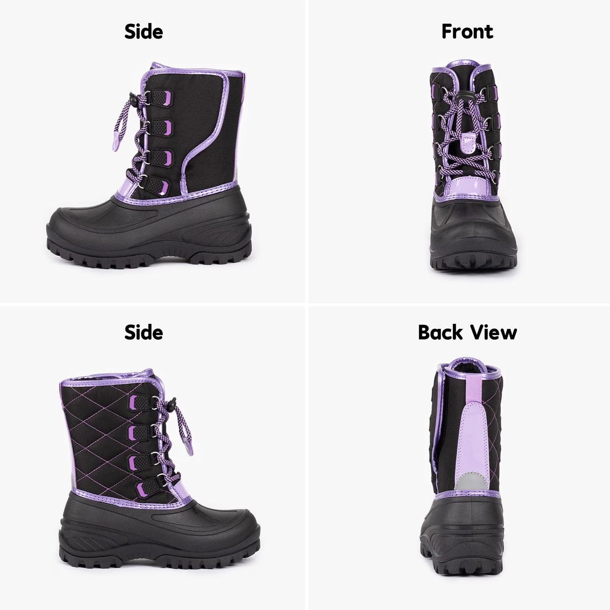 NIPAXO Girls Snow Boots Waterproof Winter Boots Black and Purple Quilted Fabric Upper Bungee Lacing Outdoor Winter Boots for Kids