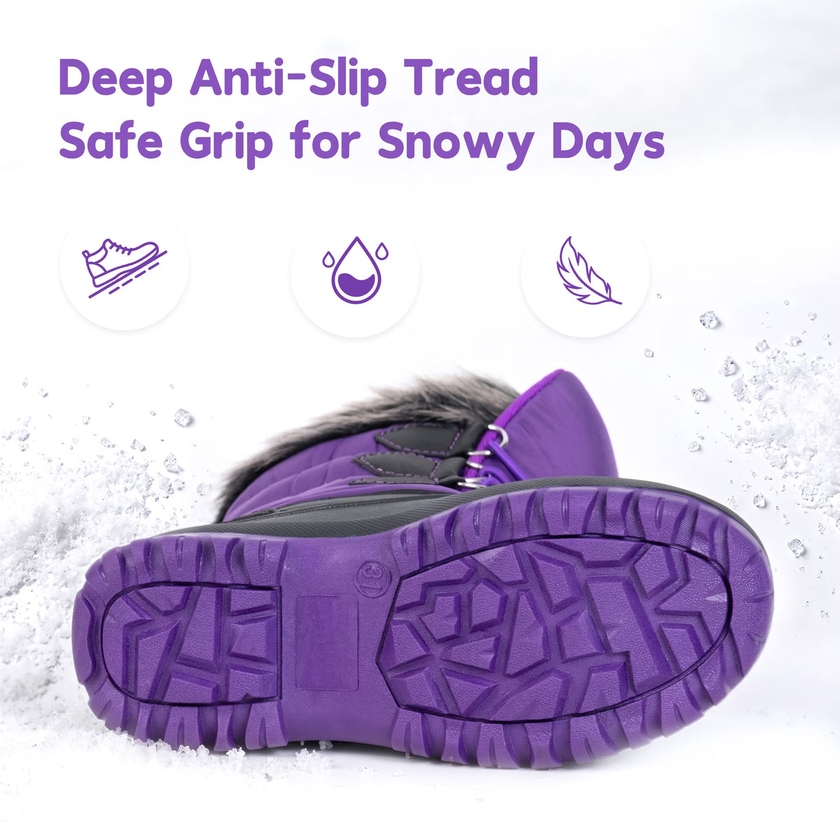 NIPAXO Kids Snow Boots Waterproof Winter Boots Purple and Black Faux Fur Cuff Bungee Lacing Cold Weather Outdoor Shoes for Boys Girls