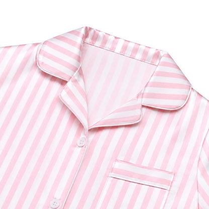 NIPAXO Girls Pajamas Set Short Sleeve Button-Down Pink White Striped Ruffle Shorts Sleepwear Satin for Kids