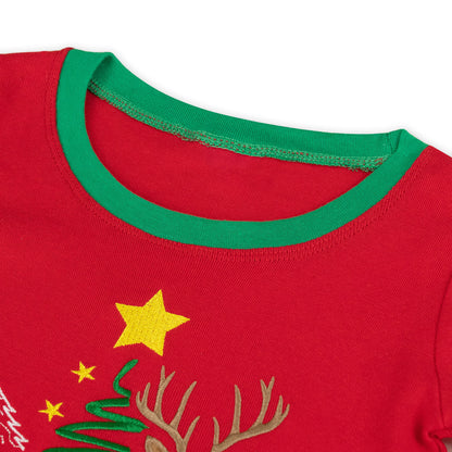 NIPAXO Kids Christmas Pajamas Set Long Sleeve Embroidered Reindeer & "Merry Christmas" Graphic Holiday Sleepwear with Fair Isle Stripe Pants