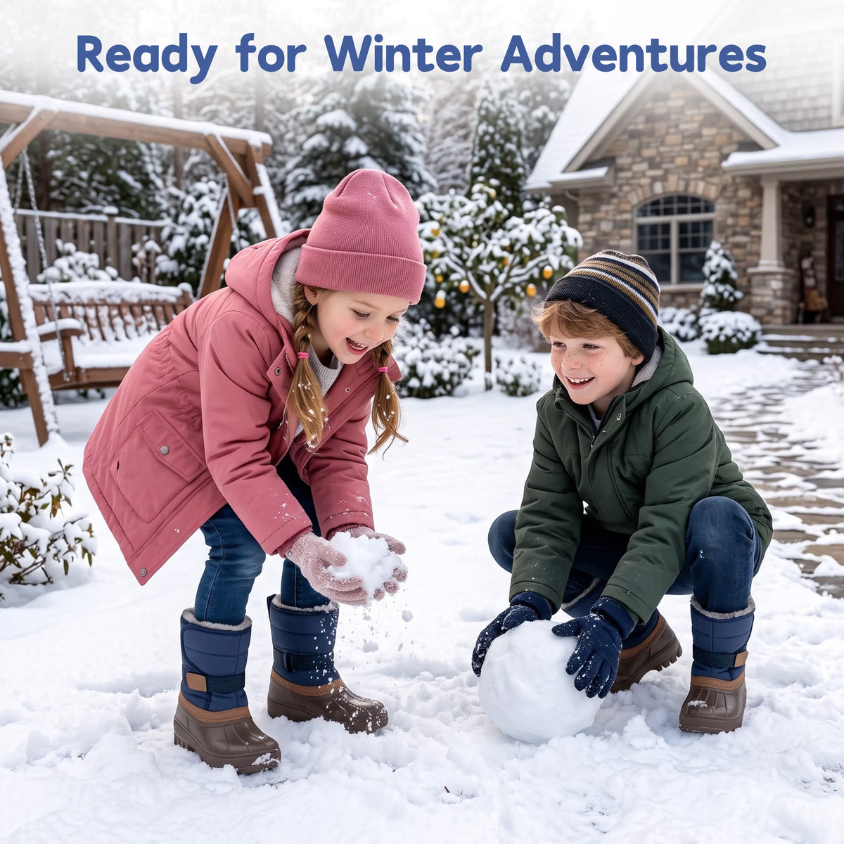 NIPAXO Kids Snow Boots Waterproof Winter Boots Blue and Brown Faux Fur Lined Hook and Loop Cold Weather Outdoor Shoes for Boys Girls